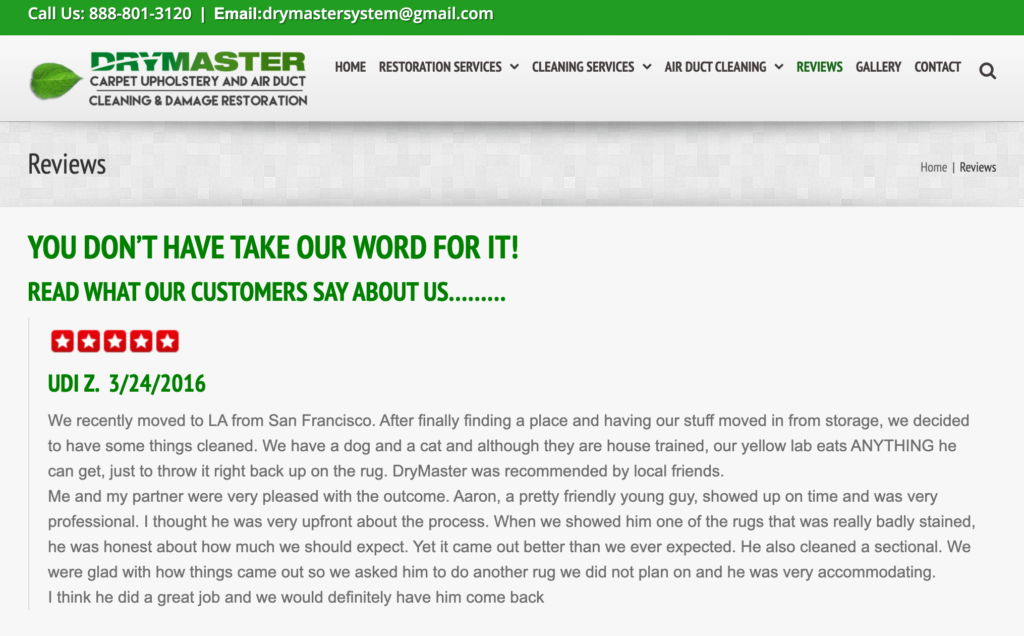 Carpet cleaning website client testimonials.