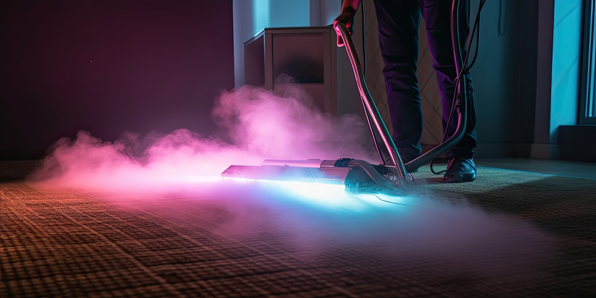 Deep professional carpet cleaning with steam wand and light.